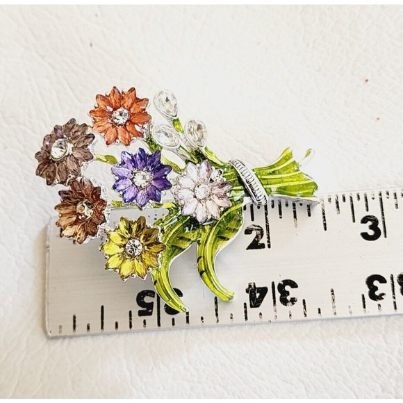 Signed NAPIER Enamel Flower Bouquet Silver Tone Rhinestones Brooch 2.5 In - Picture 5 of 5